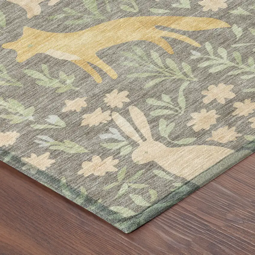 Taupe And Green Botanical Leaves Washable Indoor Outdoor Area Rug Photo 8