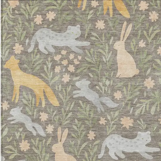 Taupe And Green Botanical Leaves Washable Indoor Outdoor Area Rug Photo 2