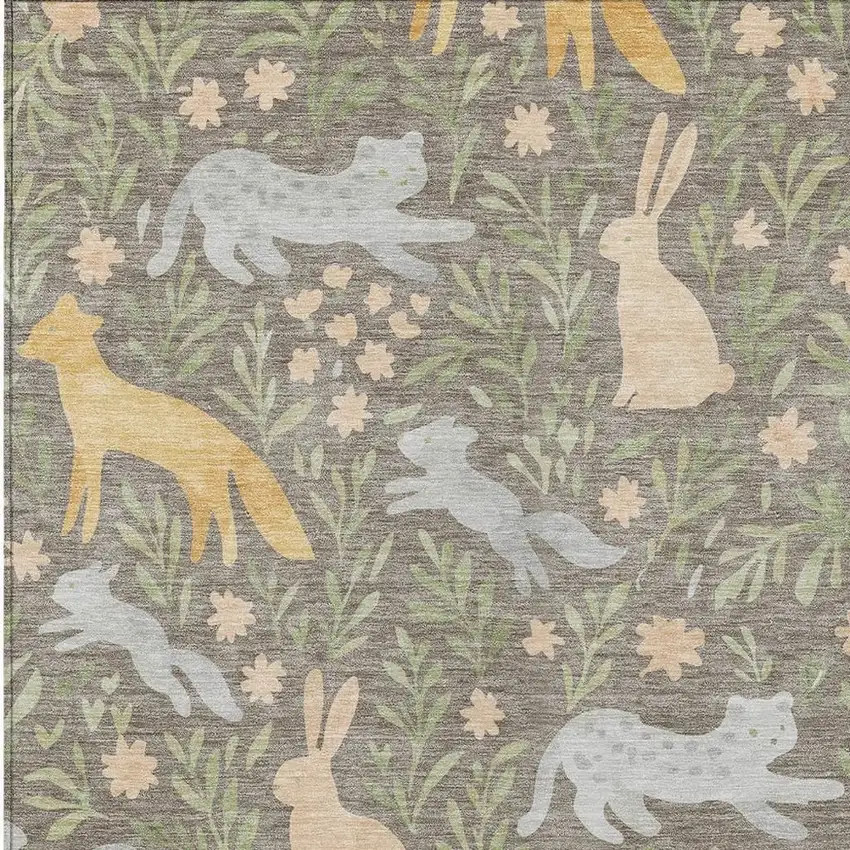 Taupe And Green Botanical Leaves Washable Indoor Outdoor Area Rug Photo 2