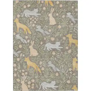 Photo of Taupe And Green Botanical Leaves Washable Indoor Outdoor Area Rug