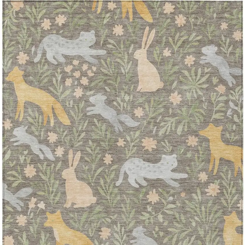 Taupe And Green Botanical Leaves Washable Indoor Outdoor Area Rug Photo 3