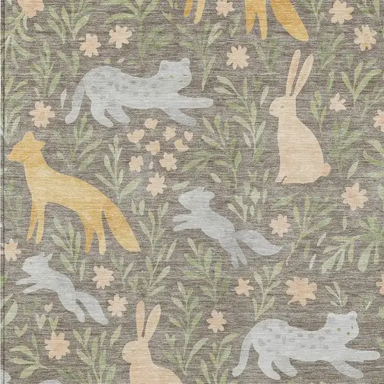 Taupe And Green Botanical Leaves Washable Indoor Outdoor Area Rug Photo 2