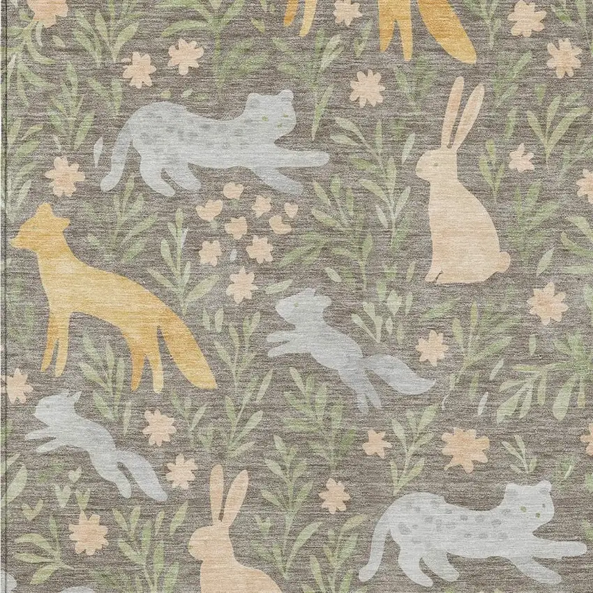 Taupe And Green Botanical Leaves Washable Indoor Outdoor Area Rug Photo 2