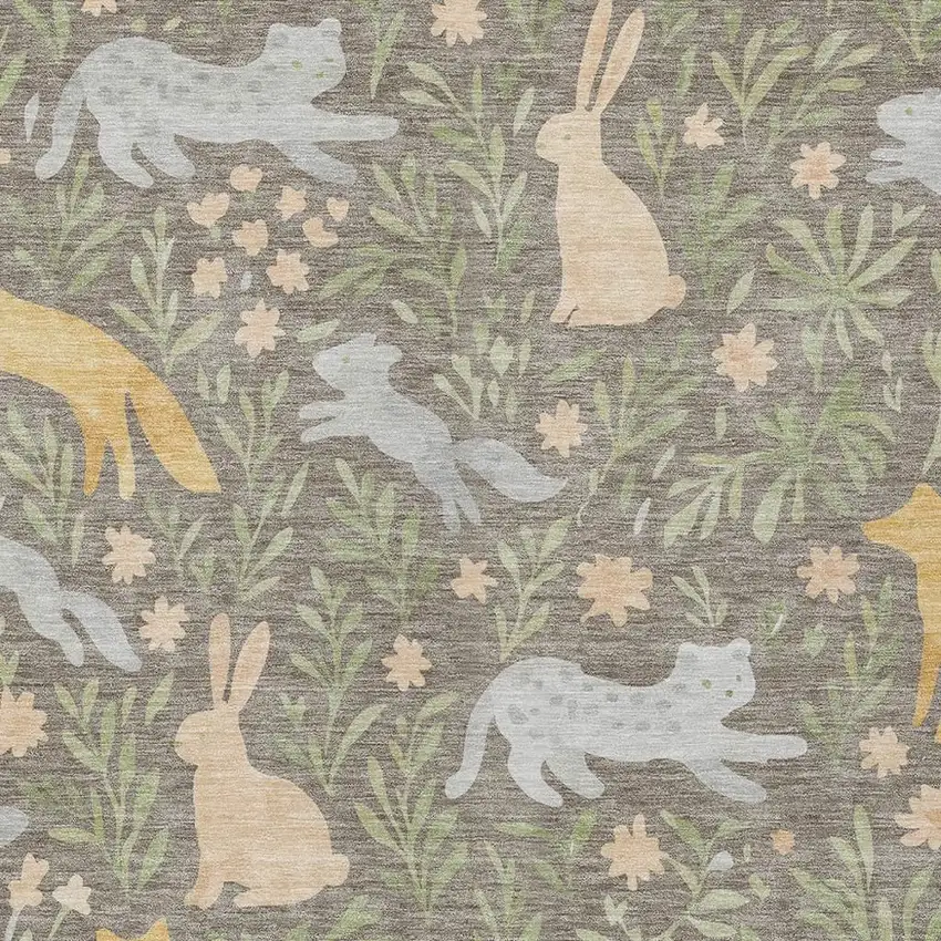 Taupe And Green Botanical Leaves Washable Indoor Outdoor Area Rug Photo 2