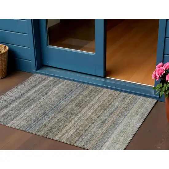 Taupe And Green Striped Washable Indoor Outdoor Area Rug Photo 1