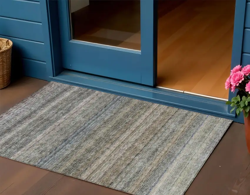 Taupe And Green Striped Washable Indoor Outdoor Area Rug Photo 1