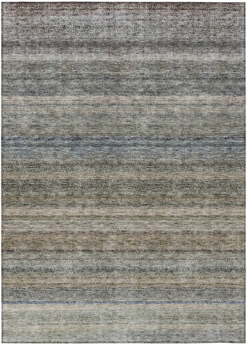 Taupe And Green Striped Washable Indoor Outdoor Area Rug Photo 2