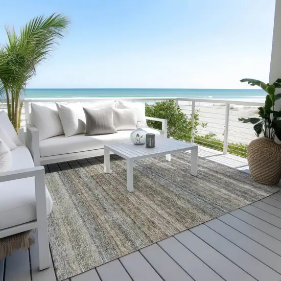 Taupe And Green Striped Washable Indoor Outdoor Area Rug Photo 8