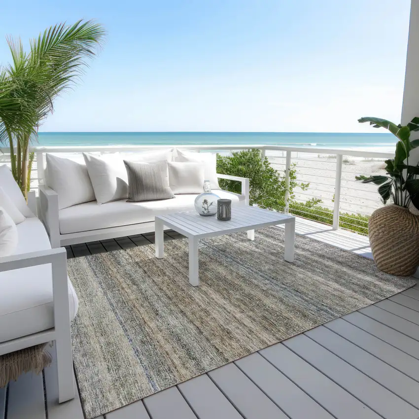 Taupe And Green Striped Washable Indoor Outdoor Area Rug Photo 8