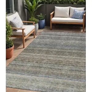 Photo of Taupe And Green Striped Washable Indoor Outdoor Area Rug