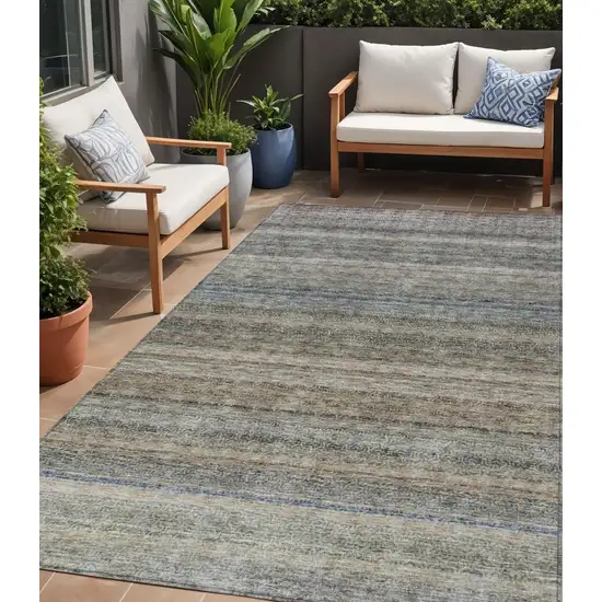 Taupe And Green Striped Washable Indoor Outdoor Area Rug Photo 1
