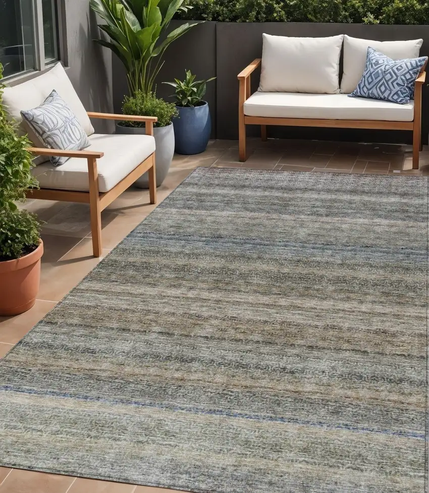 Taupe And Green Striped Washable Indoor Outdoor Area Rug Photo 1