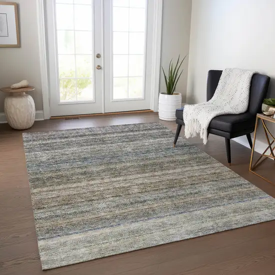 Taupe And Green Striped Washable Indoor Outdoor Area Rug Photo 9