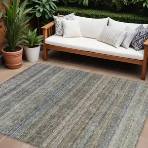Photo of Taupe And Green Striped Washable Indoor Outdoor Area Rug