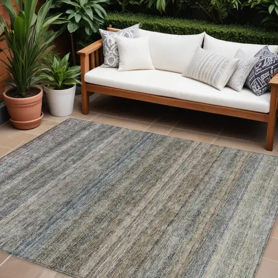 Taupe And Green Striped Washable Indoor Outdoor Area Rug Photo 1