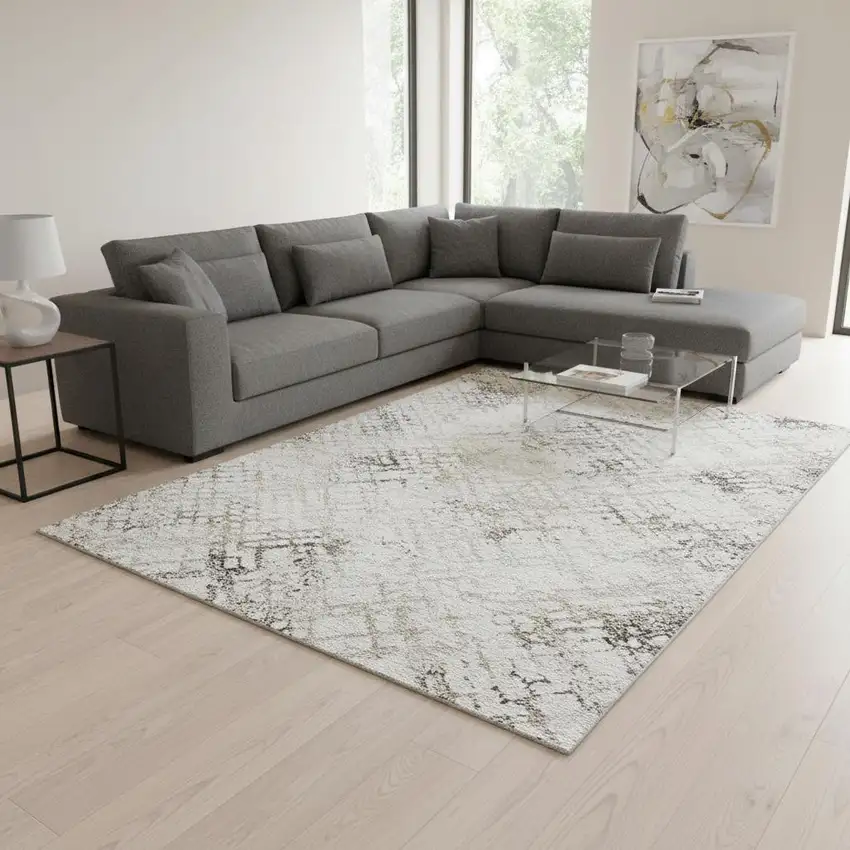 Taupe And Ivory Abstract Geometric Washable Area Rug With UV Protection Photo 2