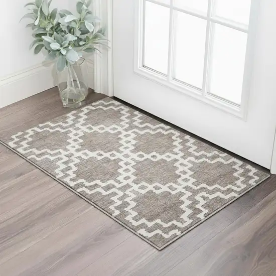 Taupe And Ivory Abstract Geometric Washable Area Rug With UV Protection Photo 2