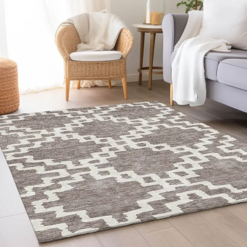 Taupe And Ivory Abstract Geometric Washable Area Rug With UV Protection Photo 5