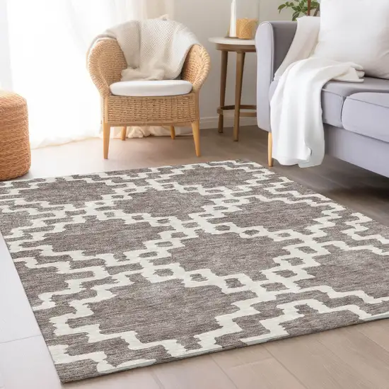 Taupe And Ivory Abstract Geometric Washable Area Rug With UV Protection Photo 5