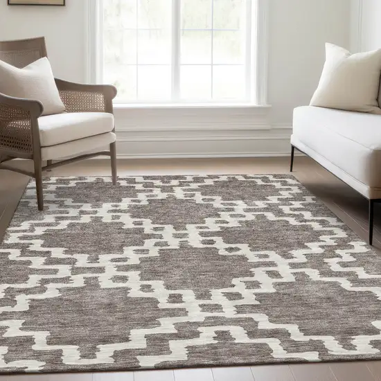 Taupe And Ivory Abstract Geometric Washable Area Rug With UV Protection Photo 6