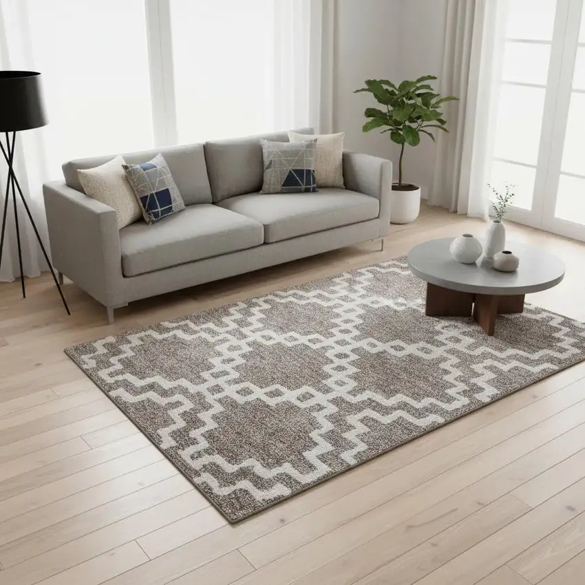Taupe And Ivory Abstract Geometric Washable Area Rug With UV Protection Photo 2