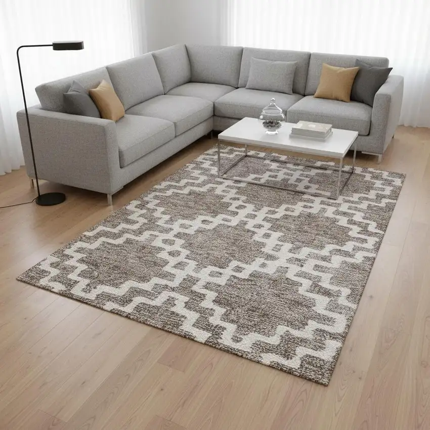 Taupe And Ivory Abstract Geometric Washable Area Rug With UV Protection Photo 2