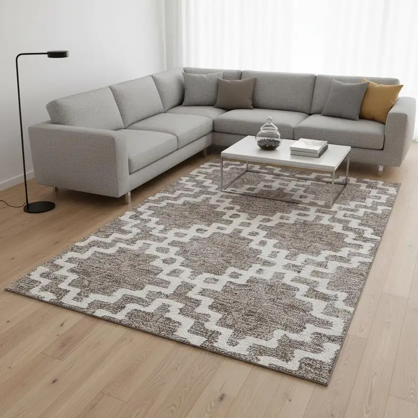 Taupe And Ivory Abstract Geometric Washable Area Rug With UV Protection Photo 2