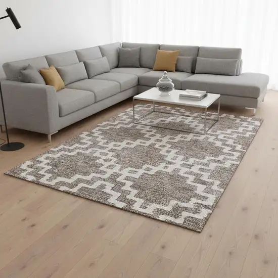 Taupe And Ivory Abstract Geometric Washable Area Rug With UV Protection Photo 2