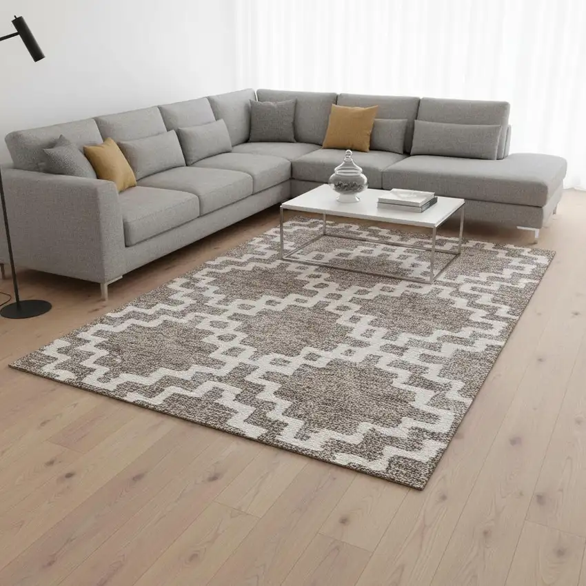 Taupe And Ivory Abstract Geometric Washable Area Rug With UV Protection Photo 2