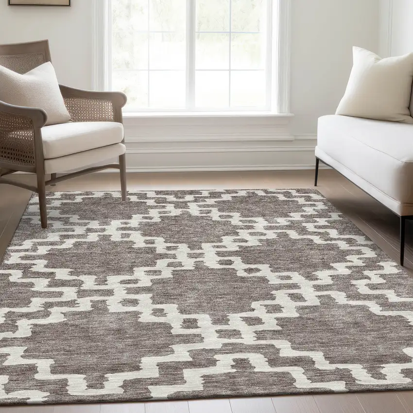 Taupe And Ivory Abstract Geometric Washable Area Rug With UV Protection Photo 6