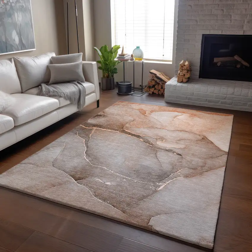 Taupe And Ivory Abstract Washable Area Rug With UV Protection Photo 5