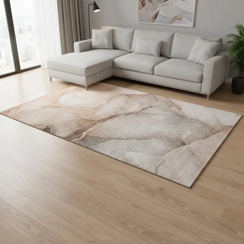 Taupe And Ivory Abstract Washable Area Rug With UV Protection Photo 1
