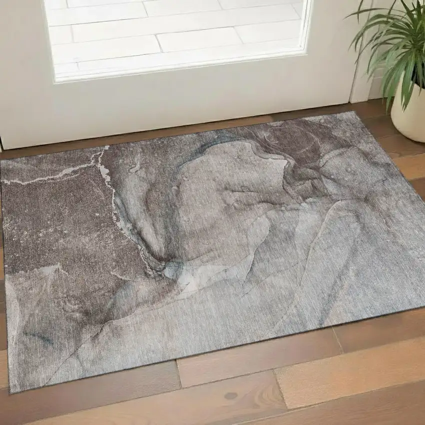 Taupe And Ivory Abstract Washable Area Rug With UV Protection Photo 1