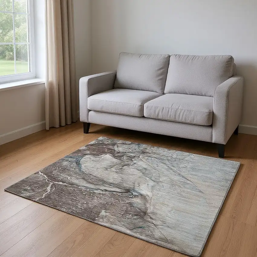 Taupe And Ivory Abstract Washable Area Rug With UV Protection Photo 2