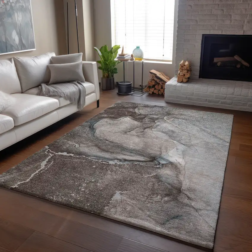 Taupe And Ivory Abstract Washable Area Rug With UV Protection Photo 6