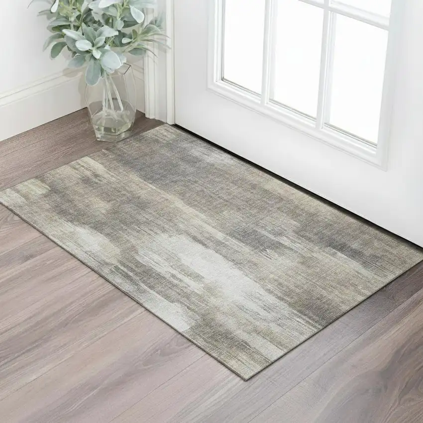 Taupe And Ivory Abstract Washable Area Rug With UV Protection Photo 1