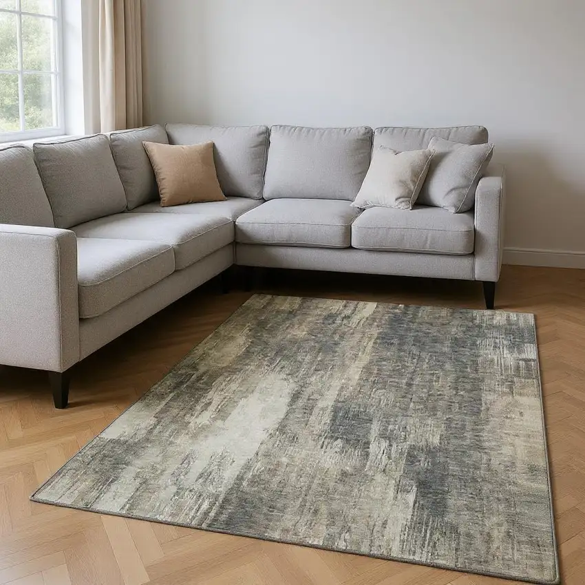 Taupe And Ivory Abstract Washable Area Rug With UV Protection Photo 2