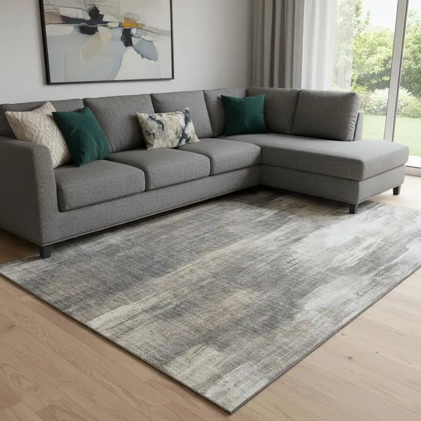 Taupe And Ivory Abstract Washable Area Rug With UV Protection Photo 1