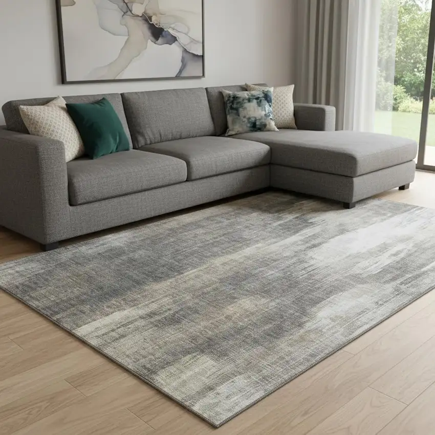 Taupe And Ivory Abstract Washable Area Rug With UV Protection Photo 1