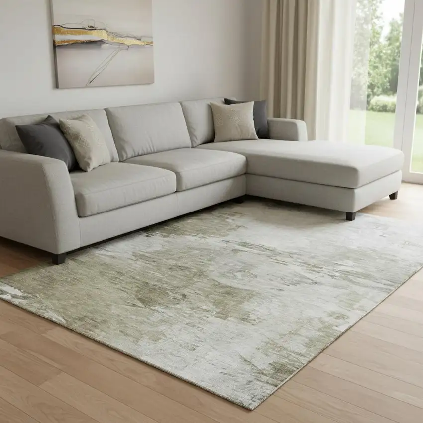 Taupe And Ivory Abstract Washable Area Rug With UV Protection Photo 1