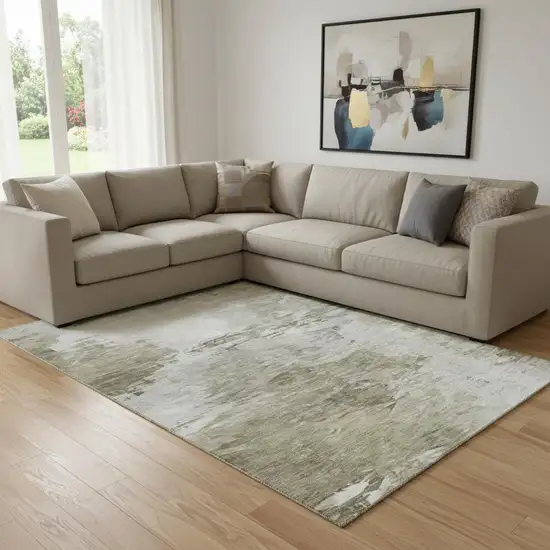Taupe And Ivory Abstract Washable Area Rug With UV Protection Photo 1