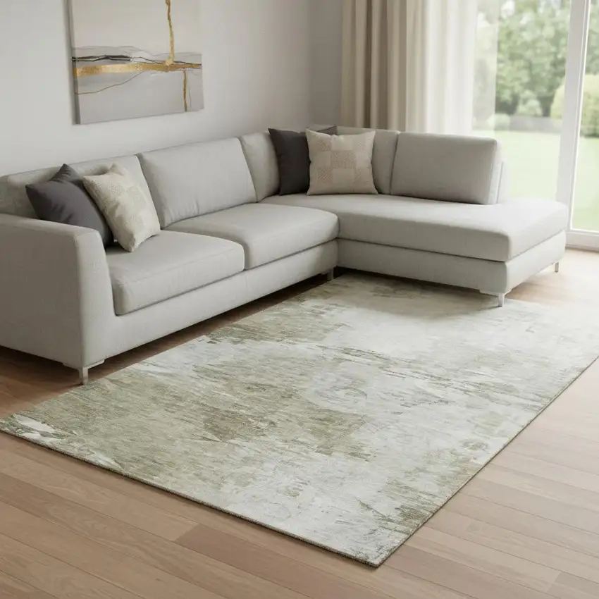 Taupe And Ivory Abstract Washable Area Rug With UV Protection Photo 1