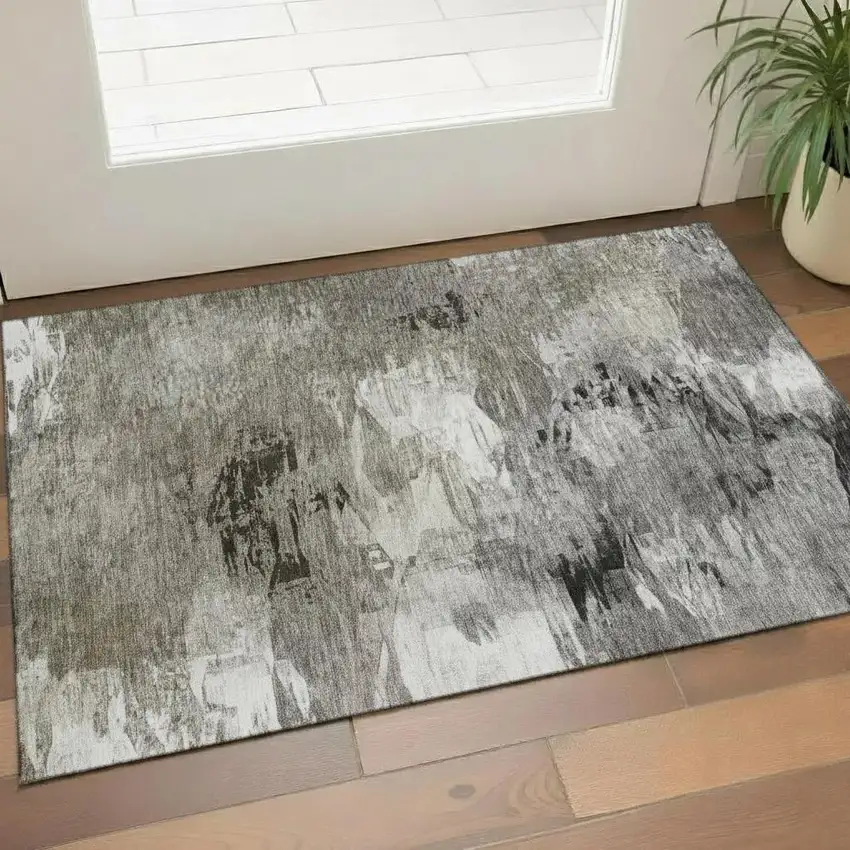 Taupe And Ivory Abstract Washable Area Rug With UV Protection Photo 1