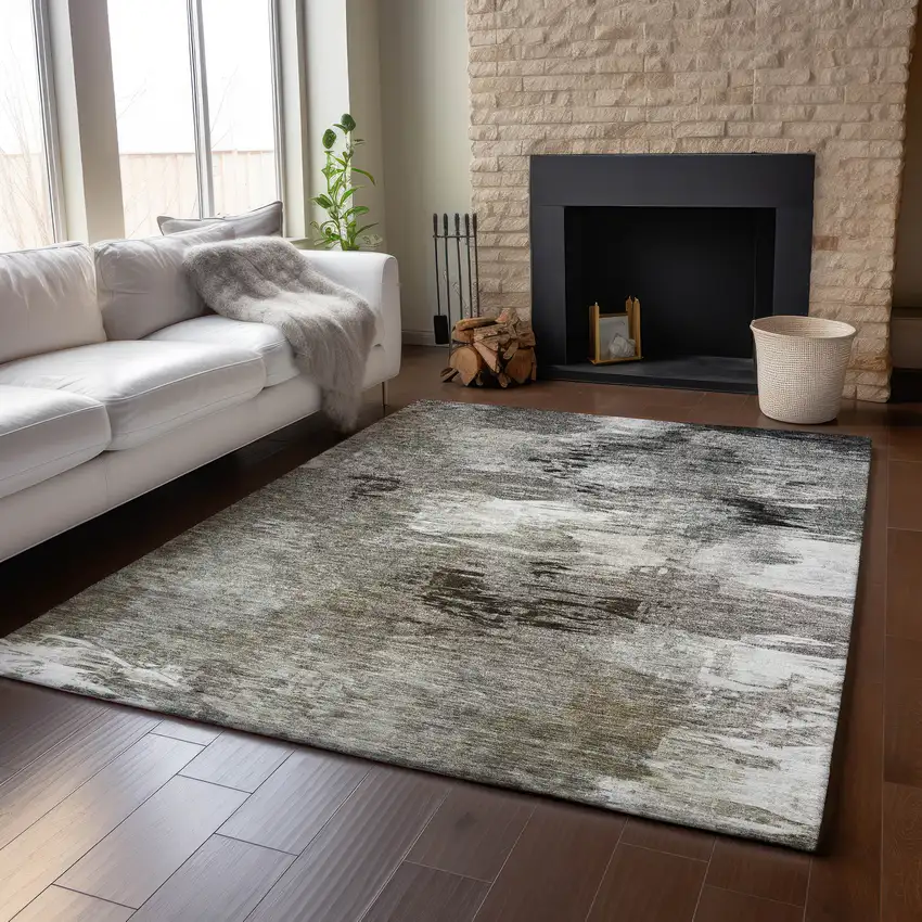 Taupe And Ivory Abstract Washable Area Rug With UV Protection Photo 4