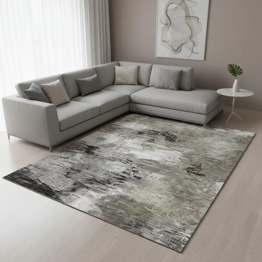 Taupe And Ivory Abstract Washable Area Rug With UV Protection Photo 2