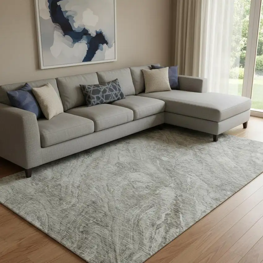 Taupe And Ivory Abstract Washable Area Rug With UV Protection Photo 1