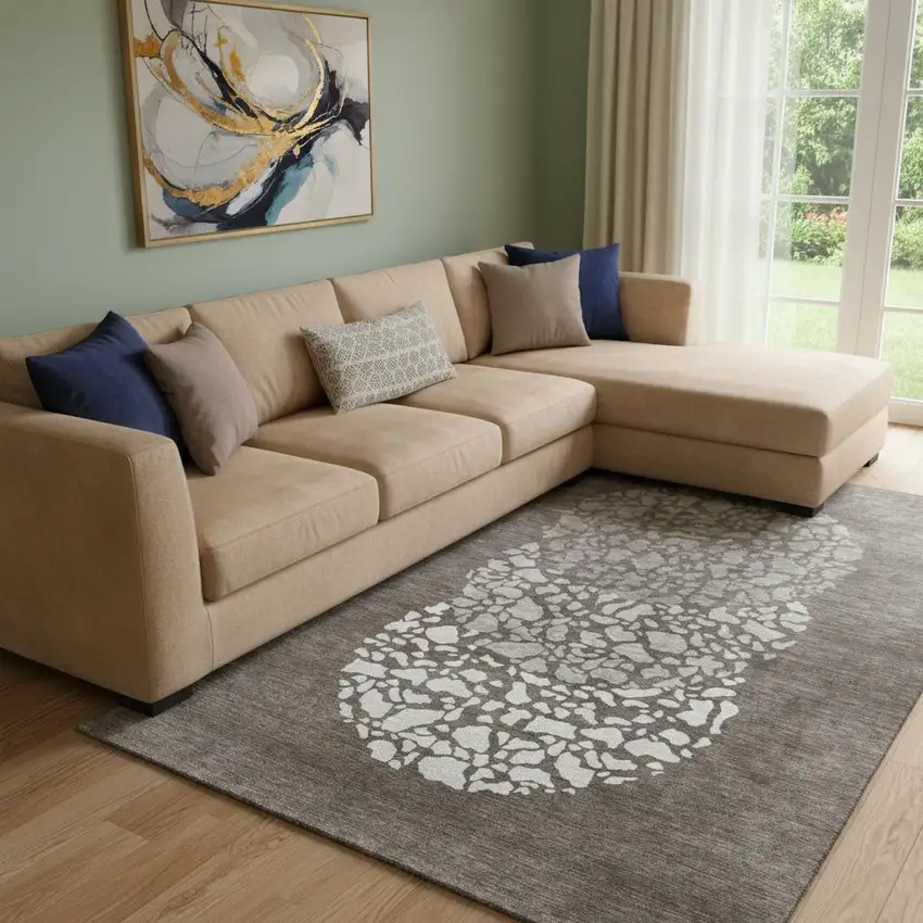 Taupe And Ivory Abstract Washable Area Rug With UV Protection Photo 1