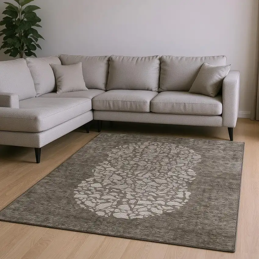 Taupe And Ivory Abstract Washable Area Rug With UV Protection Photo 2