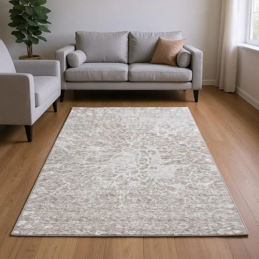 Taupe And Ivory Abstract Washable Area Rug With UV Protection Photo 2