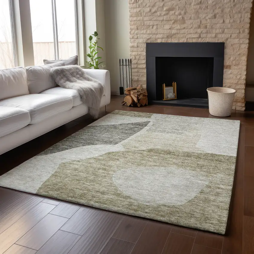 Taupe And Ivory Abstract Washable Area Rug With UV Protection Photo 4